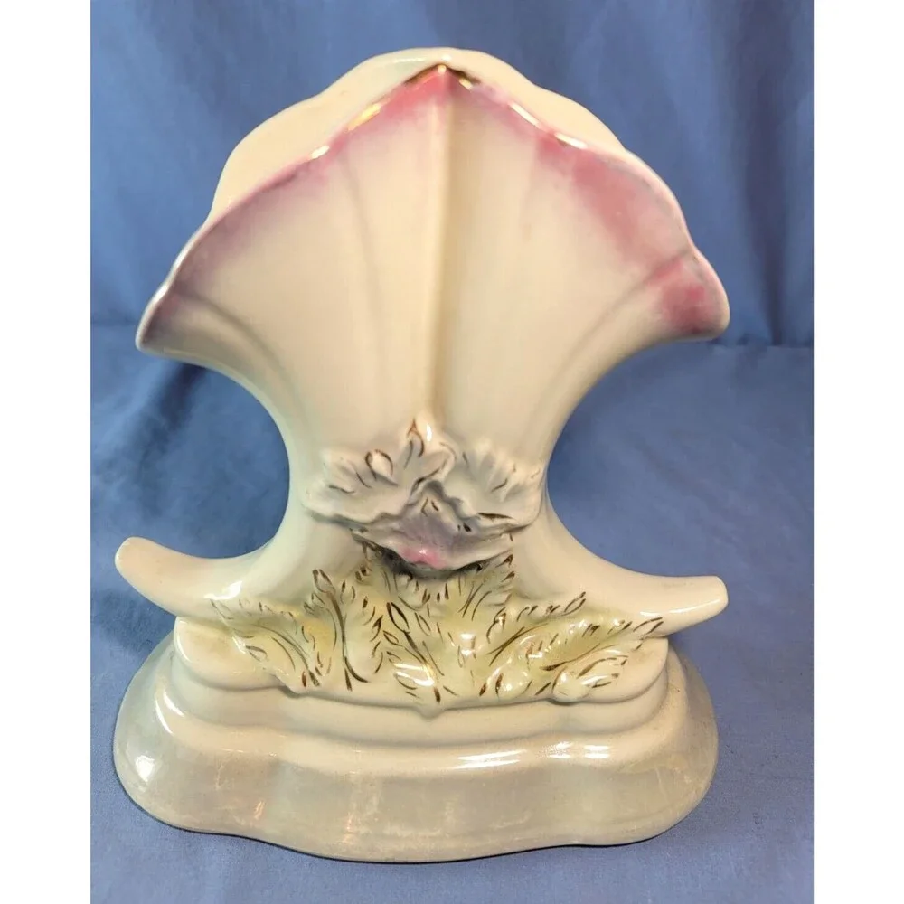 Unique Vase Floral Iridescent Cornucopia Double VTG MCM Ceramic w/ Gold Rim